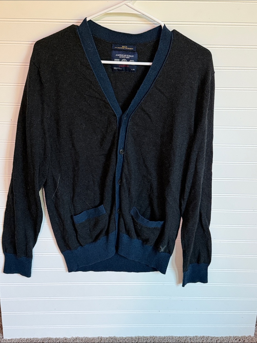 American Eagle Outfitters Men’s Black Cardigan with Navy Trim